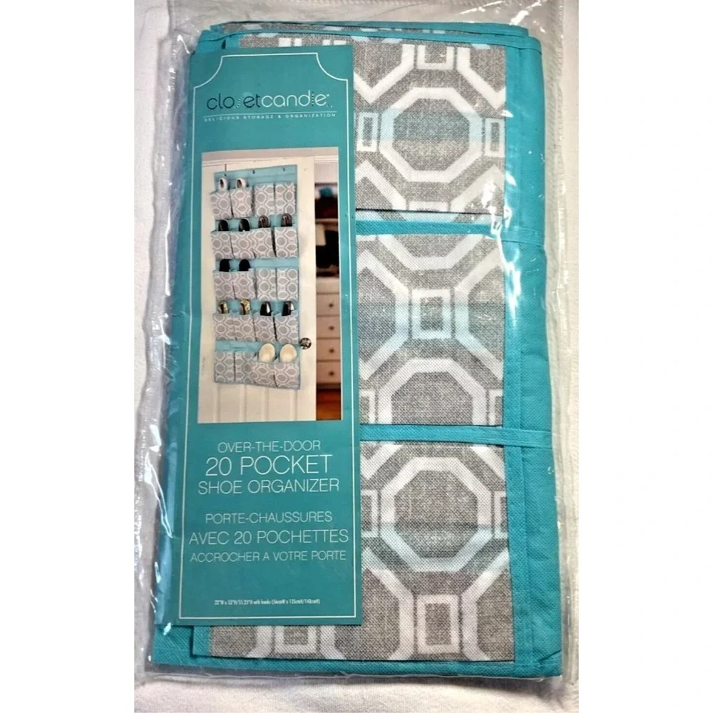 CLOSET CANDIE OVER THE DOOR 20 POCKET SHOE ORGANIZER BLUE‎ GRAY WHITE NWOT